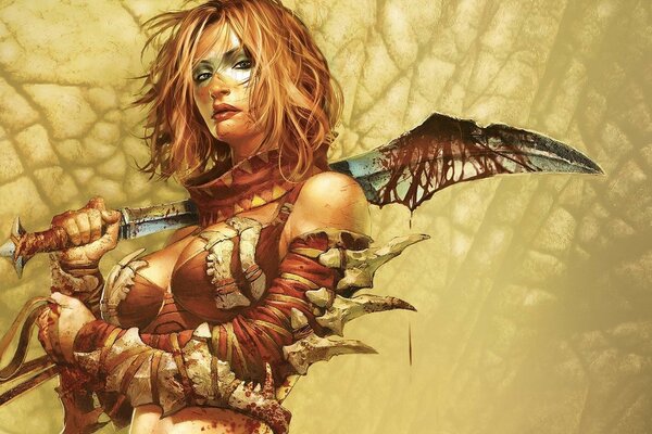 Amazone Fantasy dessiné avec des armes