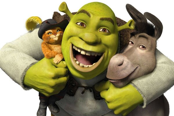 Shrek, donkey and puss in boots in an embrace