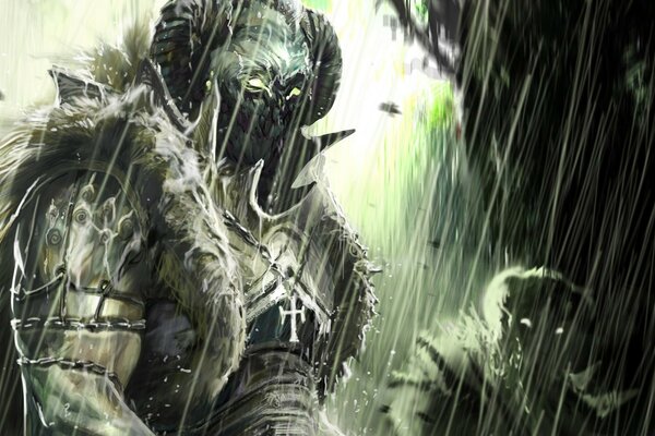 A warrior stands under a downpour