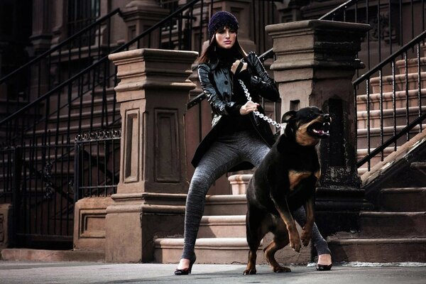 A girl is holding a big dog on a leash