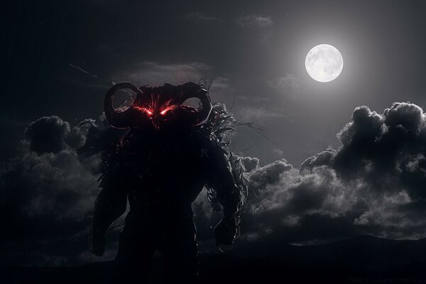 A monster with glowing red eyes against the background of clouds and the moon