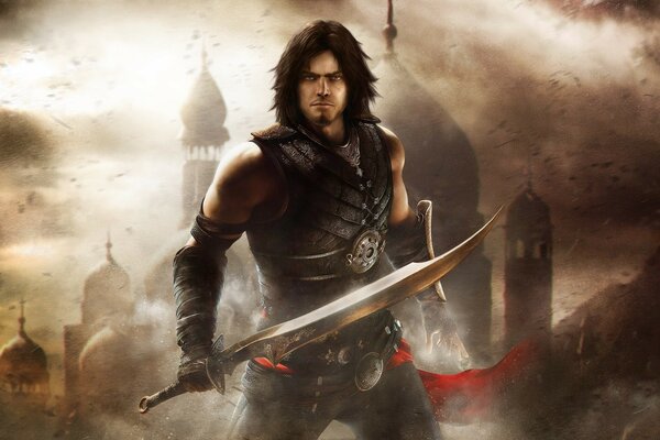 Prince of Persia with a sword on the background of the city