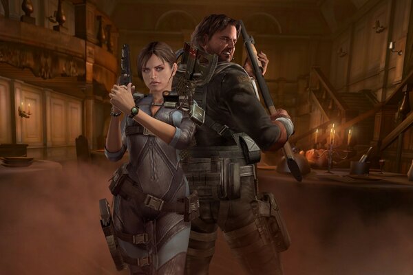 Resident evil. Homem e mulher militares dentro de casa