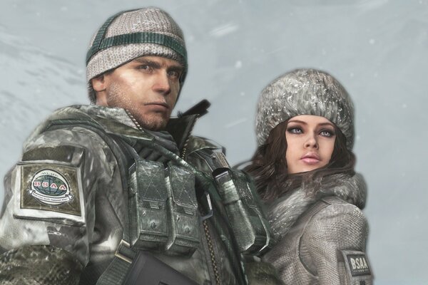 Resident evil. Winter. A man and a woman in winter military uniform