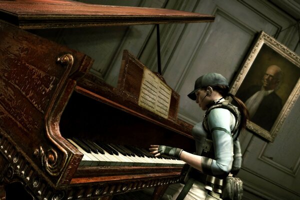 Resident evil. A girl in a military uniform plays the piano