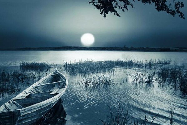 Barco no lago no crepúsculo da noite