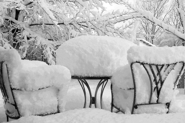 Snow-covered terrace on a frosty day