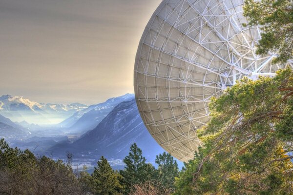 Landscape with observatory on the background of mountains and sky