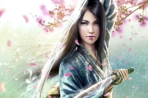 A warrior in a kimono among cherry petals