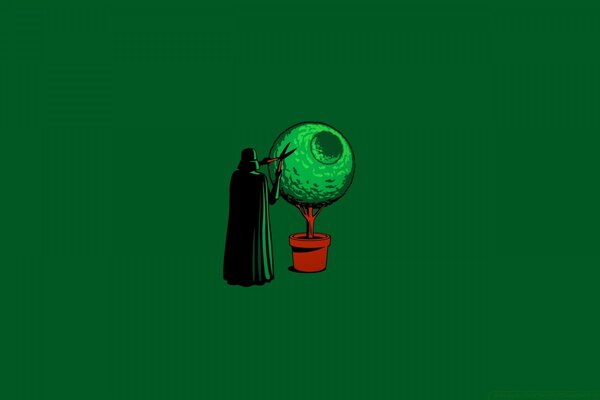 Star Wars. Lord Vader is cutting the topiary. Green background