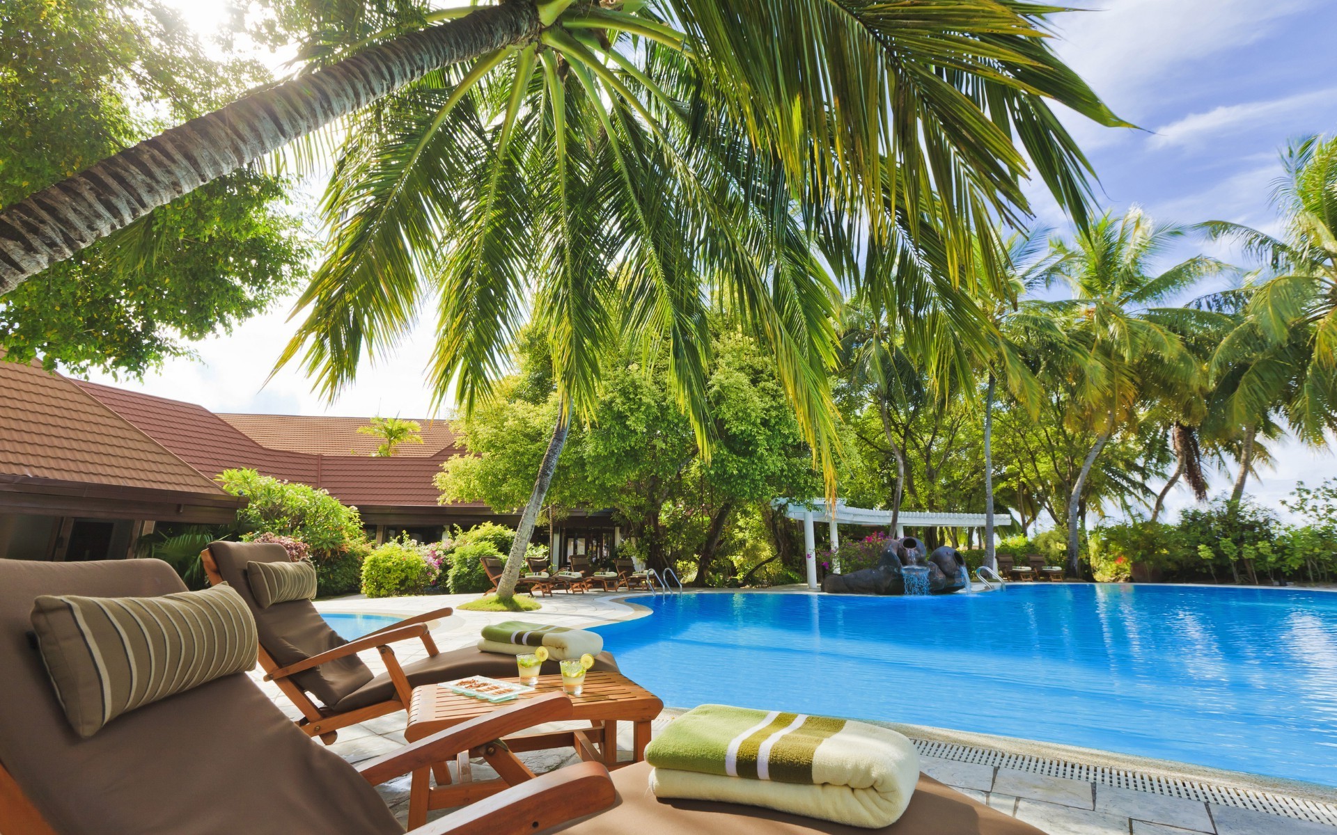 piscines resort tropical piscine piscine hôtel palm de luxe au bord de la piscine détente été voyage vacances natation loisirs chaise plage eau paradis exotique noix de coco