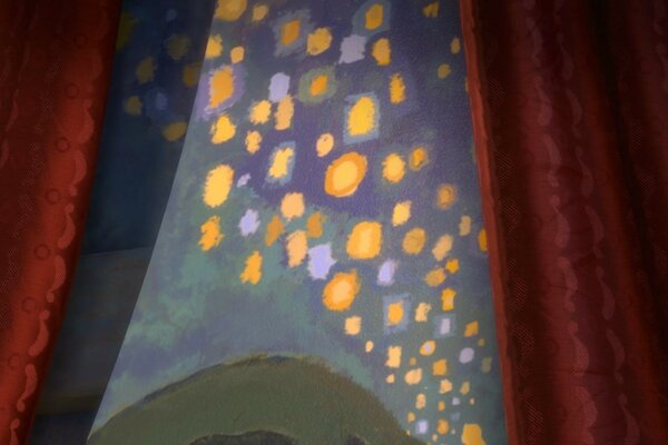 A picture of multicolored fireflies and a curtain