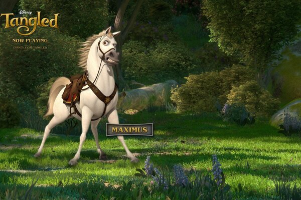 صورة من الرسوم المتحركة رابونزيل مع صورة حصان على العشب