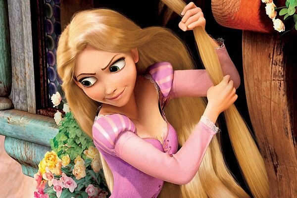 Das Mädchen aus dem Cartoon Rapunzel. Rapunzel auf dem Turm