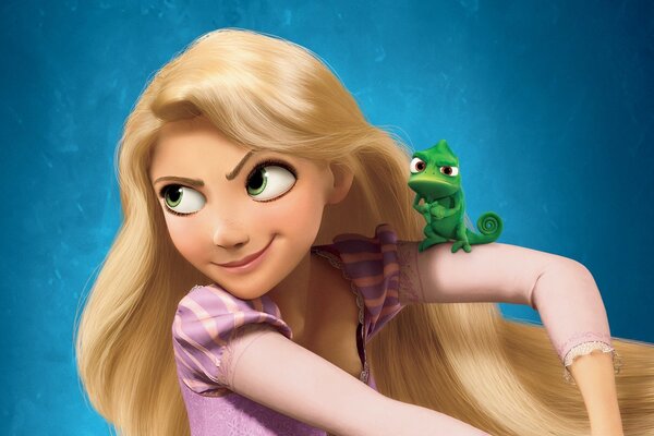 Personajes de dibujos animados Rapunzel sobre fondo azul