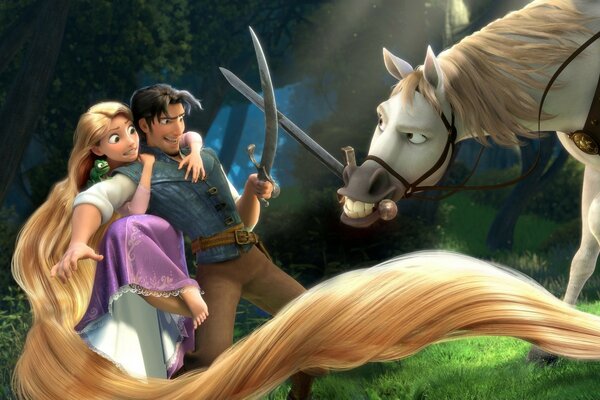 Long-haired Rapunzel. A guy fights with a horse