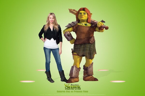 Cameron Diaz, who voiced Fiona, is pictured next to her character