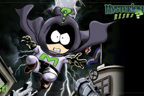 A south park character in a hero costume with a black cape