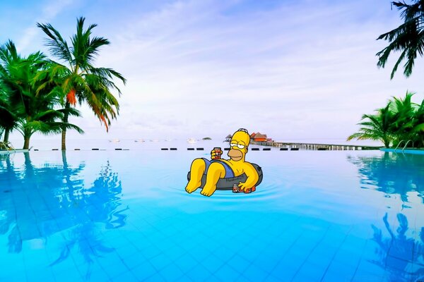 Homer is relaxing in a transparent pool