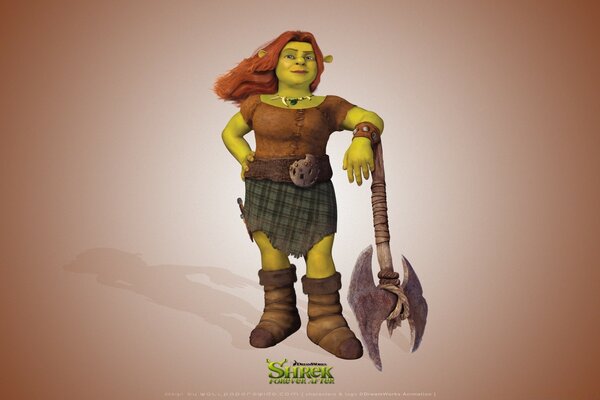 Personaje de dibujos animados Shrek. Fiona está de pie con un arma en la mano