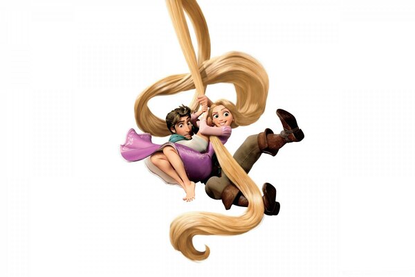 Rapunzel and the thief from the cartoon escape from the castle