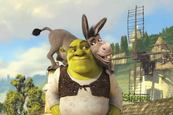 Shrek with a donkey around his neck