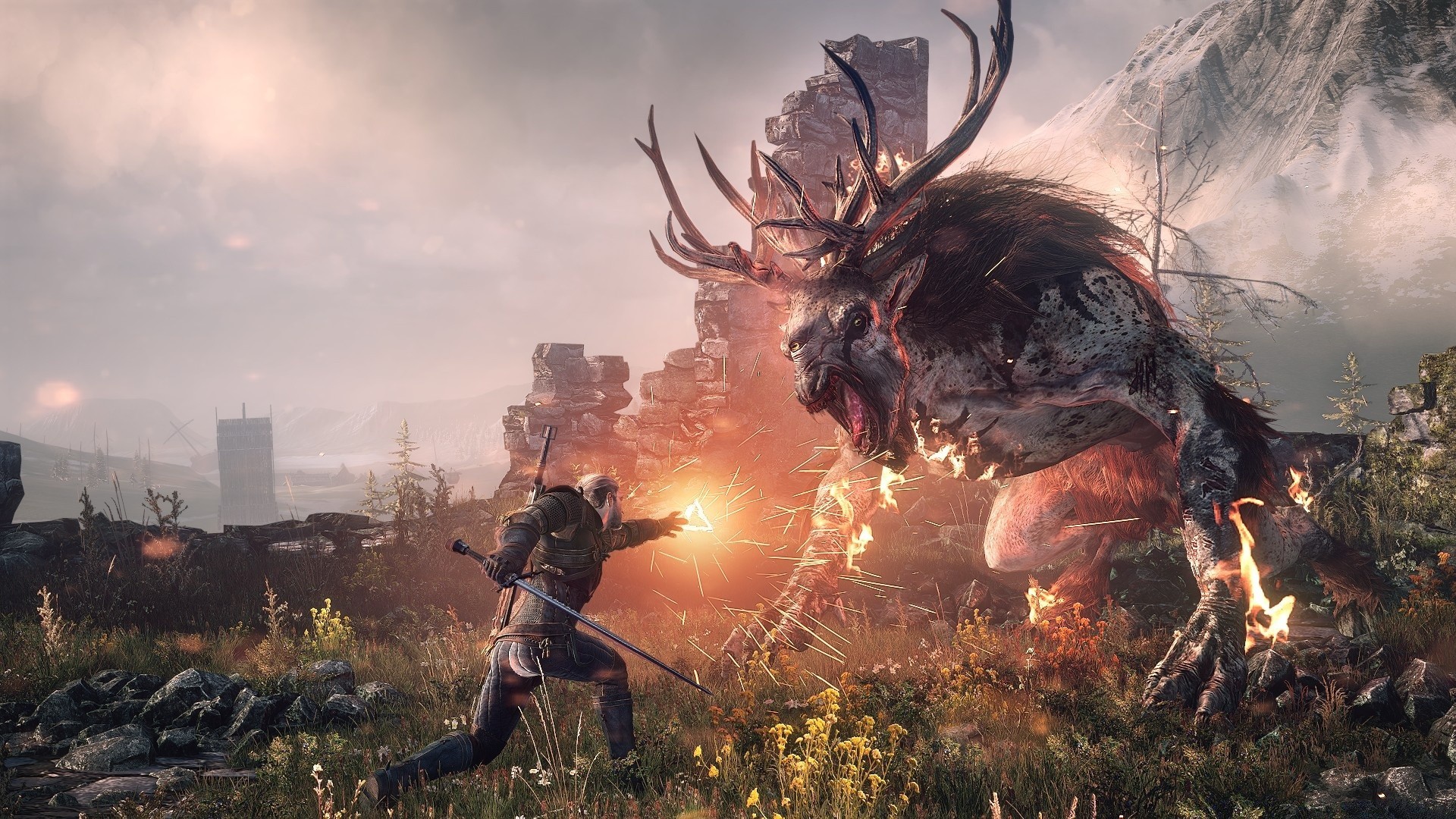 el witcher llama humo batalla hombre peligro armas guerra al aire libre paisaje adulto