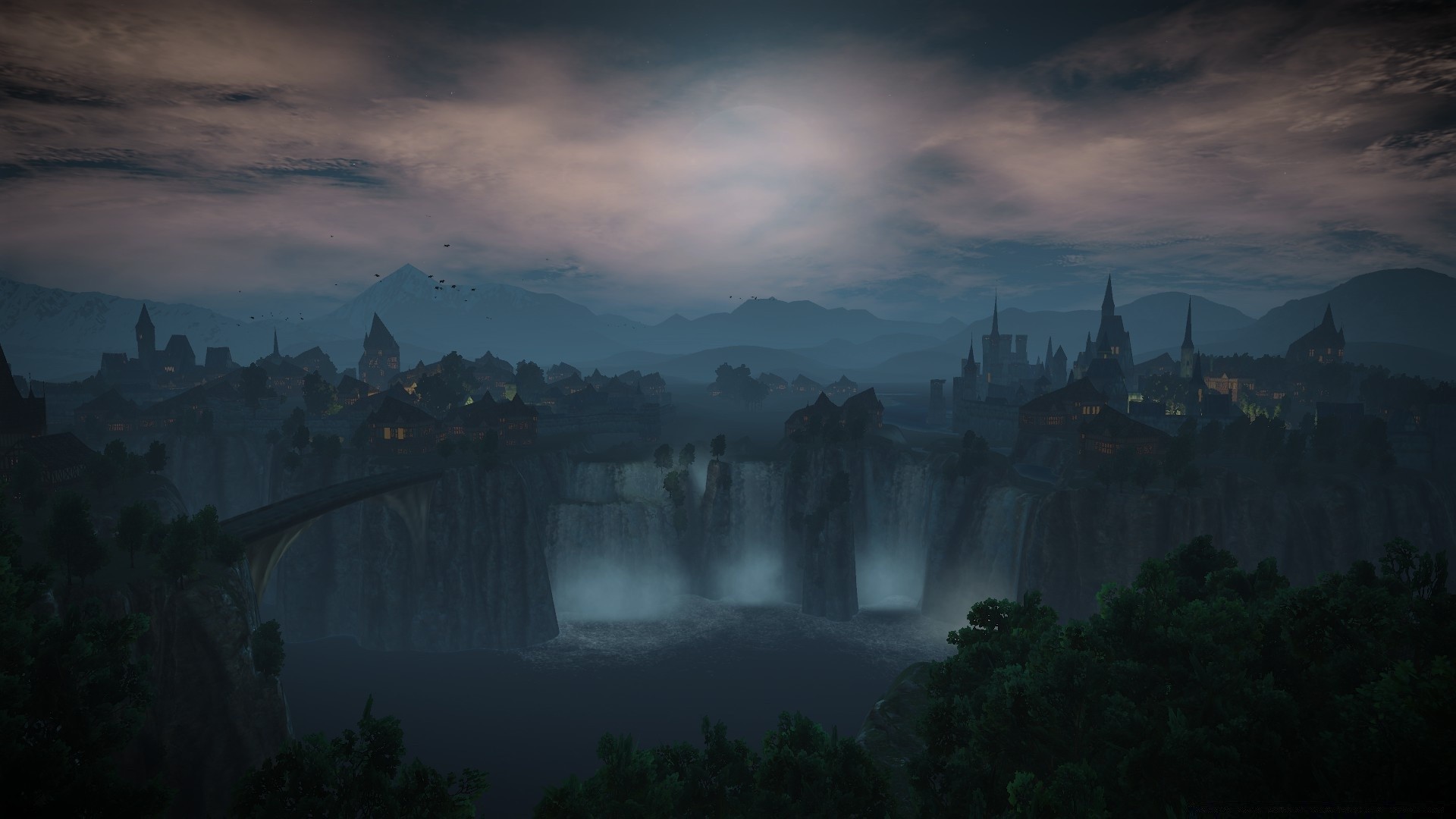 the witcher brouillard brouillard eau aube voyage rivière architecture à l extérieur coucher de soleil ciel ville arbre paysage