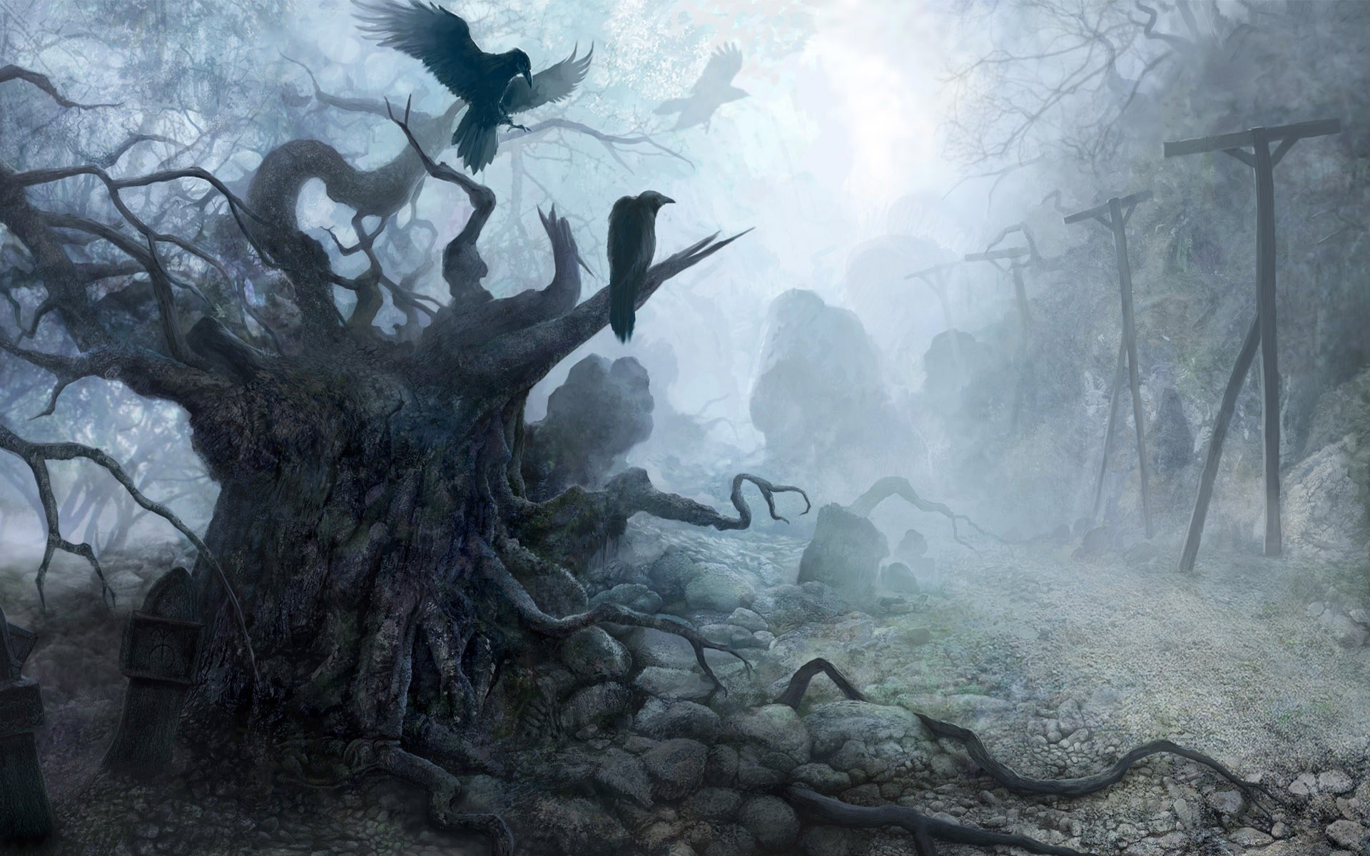 the witcher illustration art painting tree winter fog nature