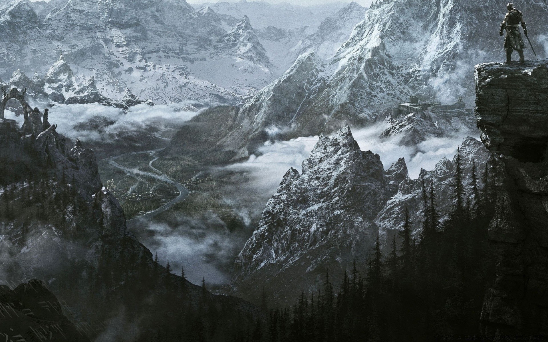 the elder scrolls landscape mountain snow glacier water ice scenic rock nature travel outdoors daylight cold winter valley