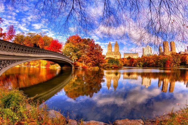 Puente y lago. Otoño en la ciudad