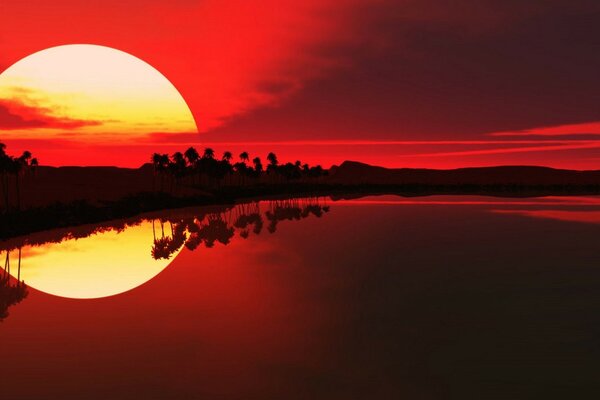 Beautiful sunset with the reflection of the sun on the water