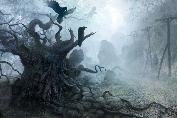 Мрачный лес со страшными деревьями