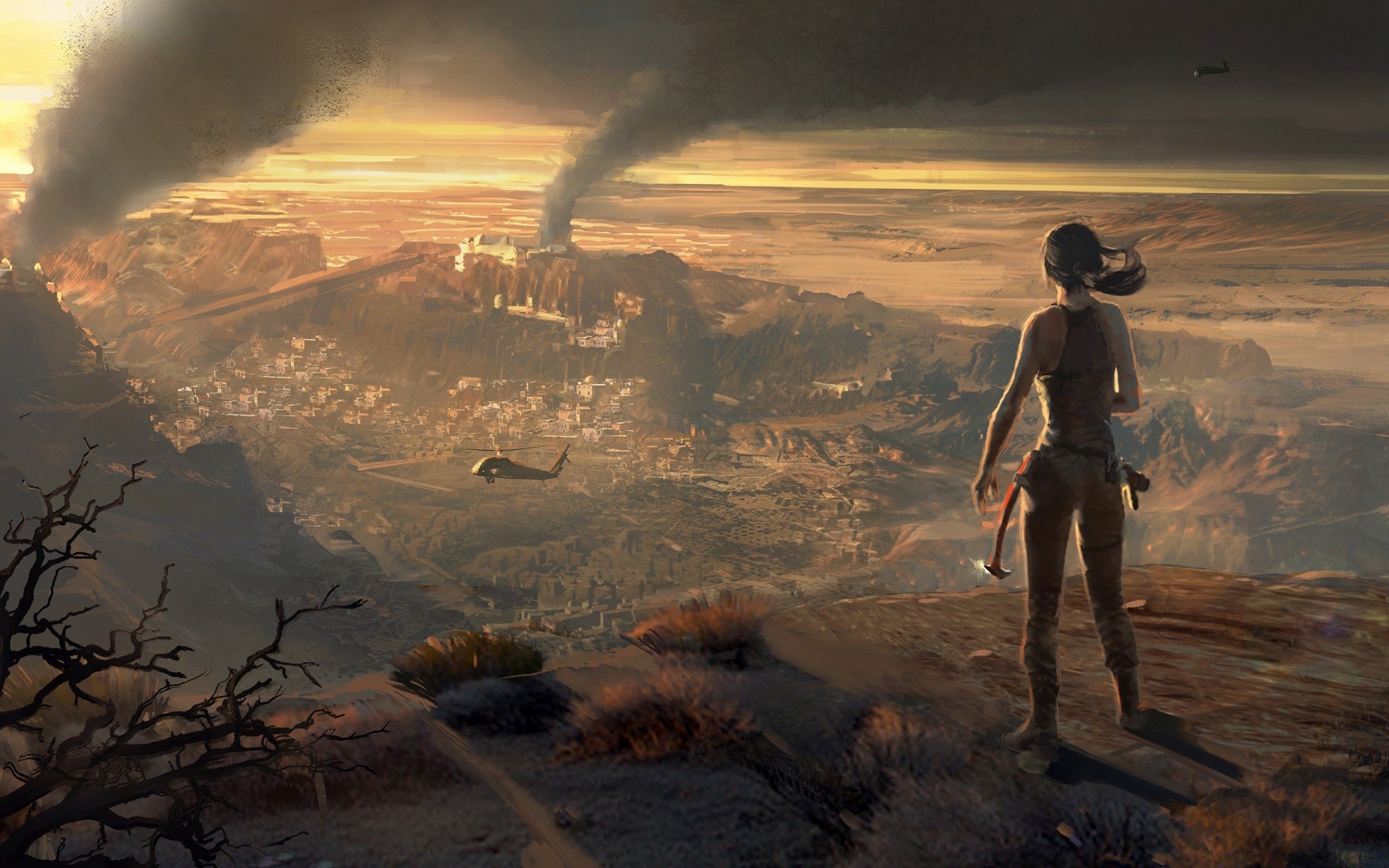 tomb raider landscape dawn mountain sunset desert volcano