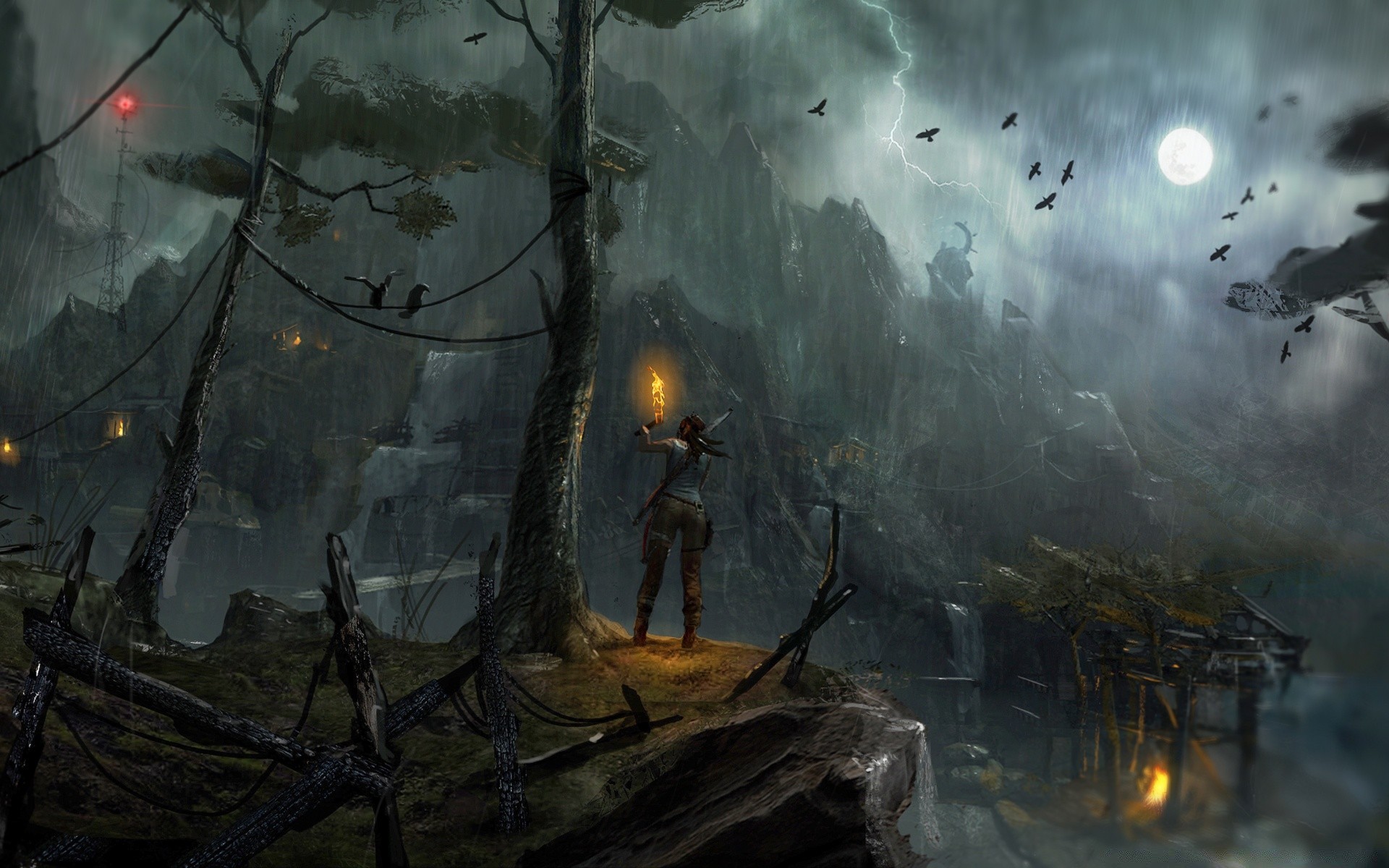 tomb raider lumière flamme fumée lune paysage art eau