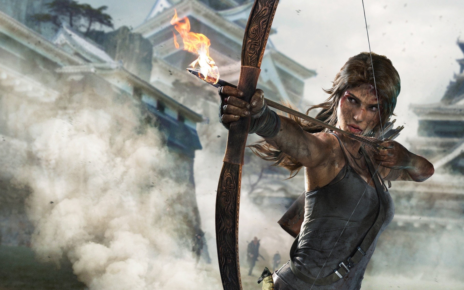 tomb raider allein erwachsener frau rauch flamme waffe mann krieg tragen gefahr porträt