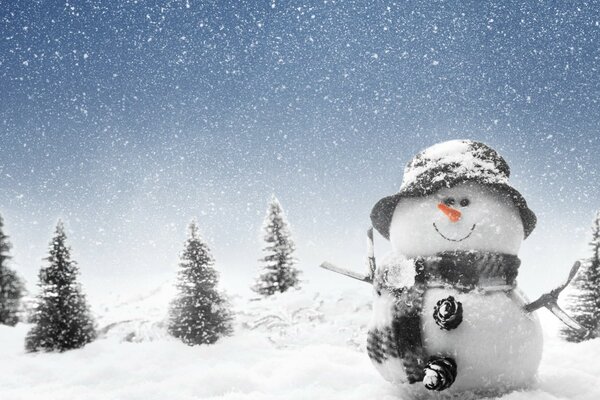 A snowman in a hat on the background of a winter landscape