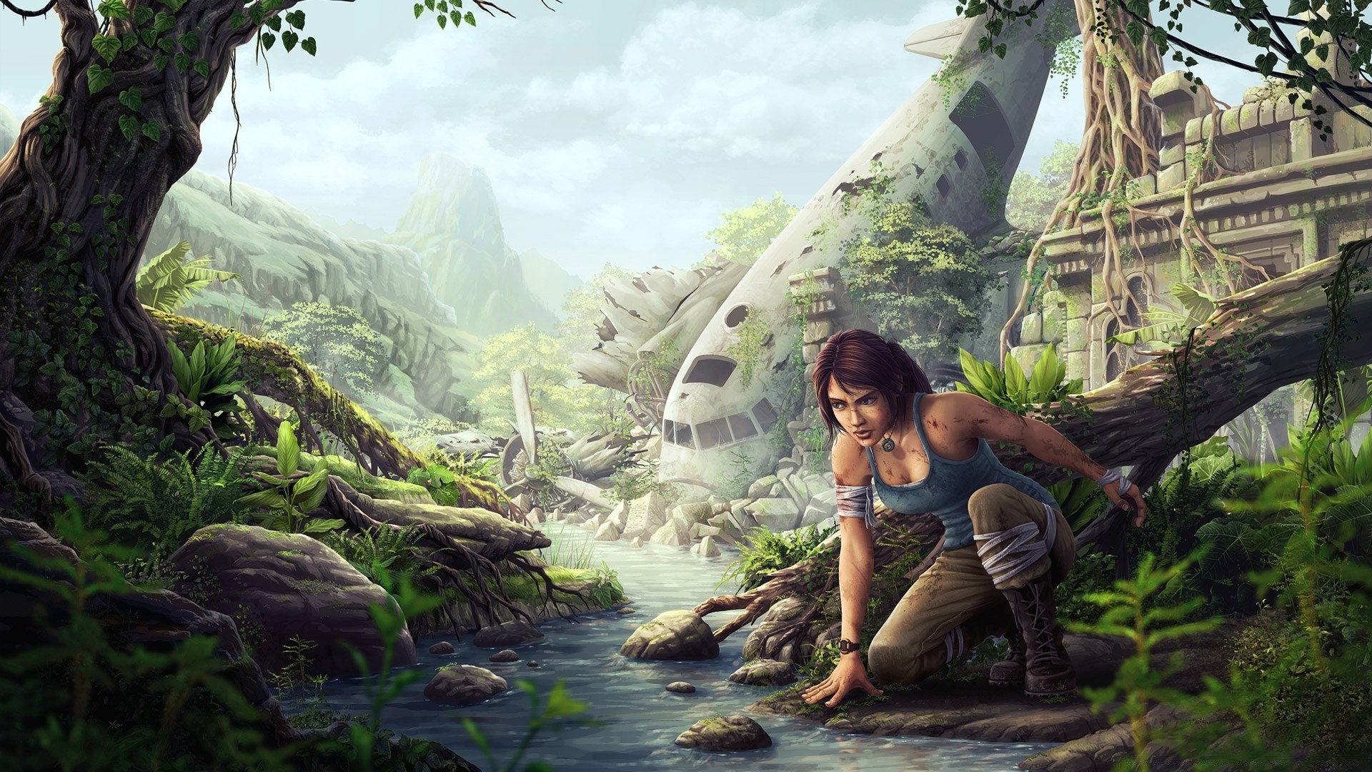 tomb raider natura acqua all aperto in legno albero di viaggio adulto singolo montagna roccia paesaggio fiume donna bella estate