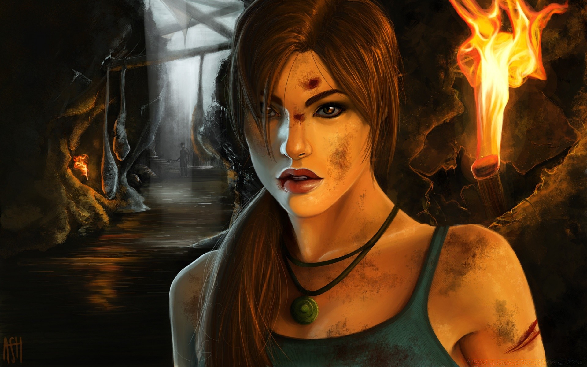 tomb raider flamme chaud femme fumée sombre chaleur portrait adulte brûlé