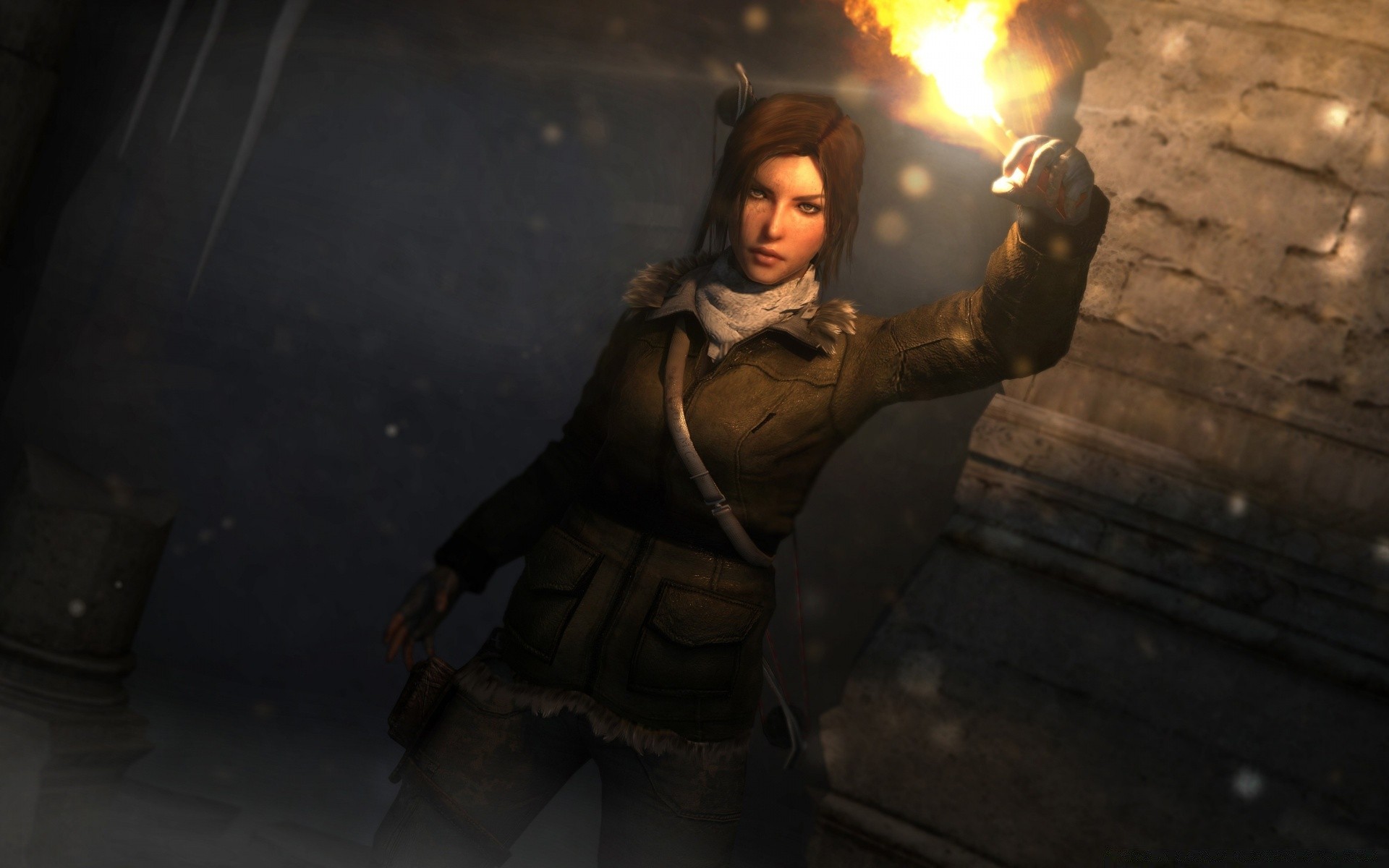 tomb raider adult one woman portrait flame smoke dark wear battle