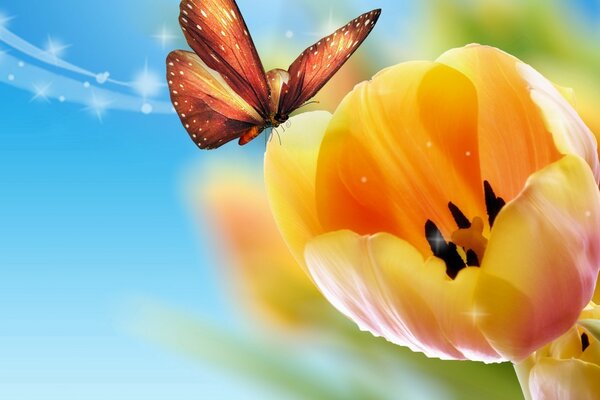 Flora and fauna converged: a butterfly sat down on a tulip