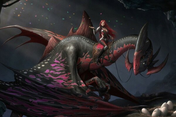 Red-haired girl riding a dragon