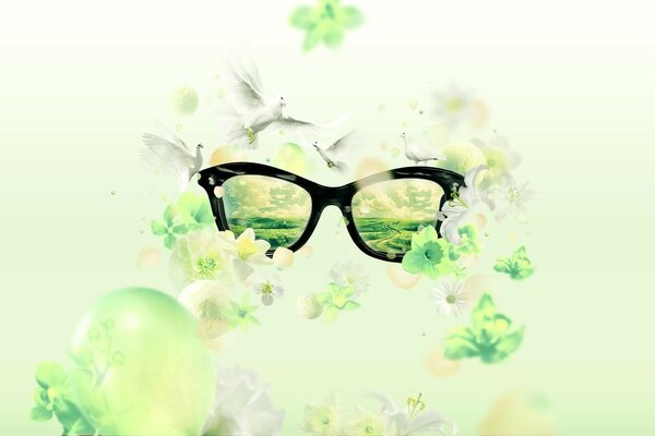 A green field is visible in the glasses