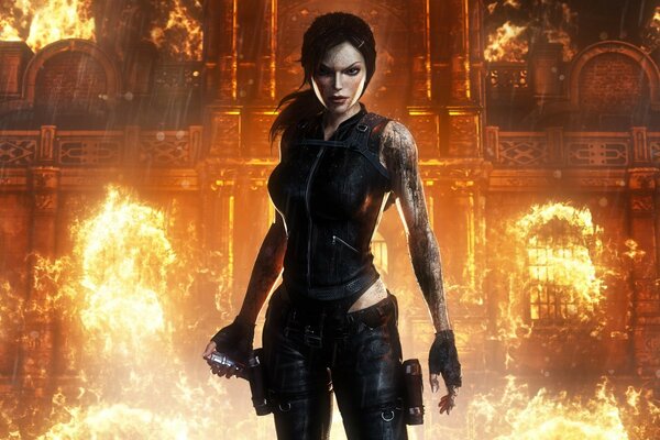 Lara croft vor dem Hintergrund des Feuers