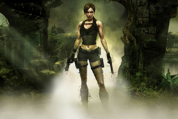 Lara Croft im Dschungel vor dem Hintergrund der Säulen