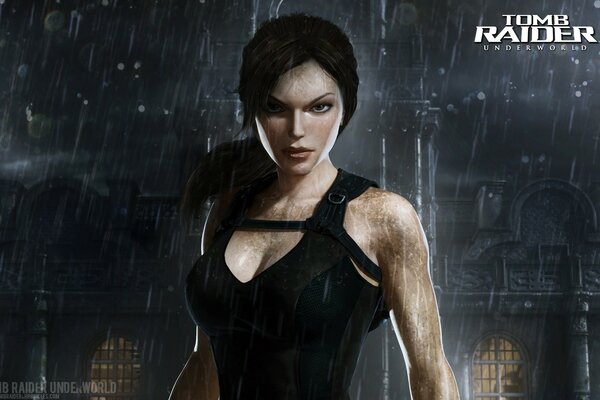 Lara Croft on a dark background