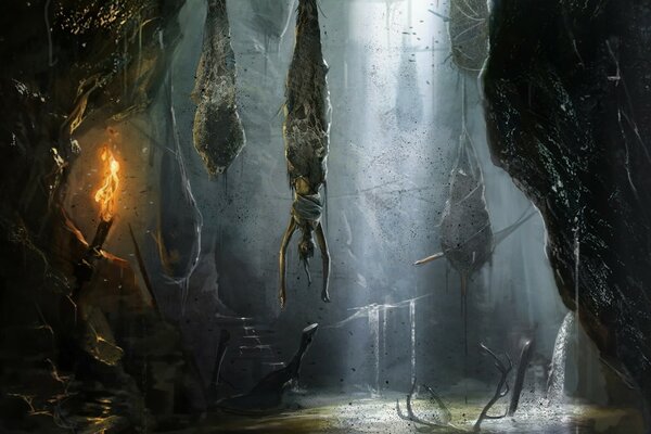 Cocoons with bodies from the tomb raider game