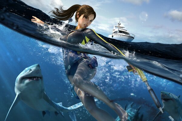 Fille avec un requin du jeu tomb raider