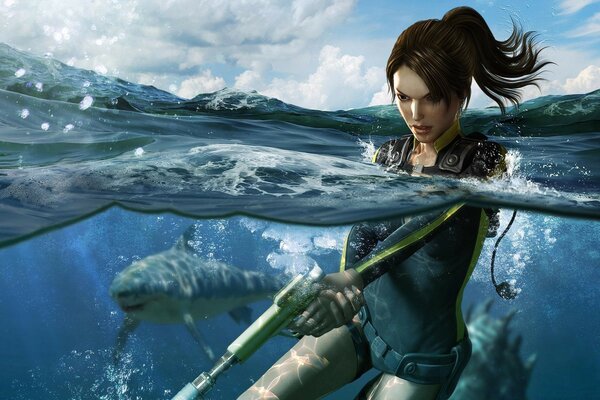 A woman on a spearfishing with a blaster