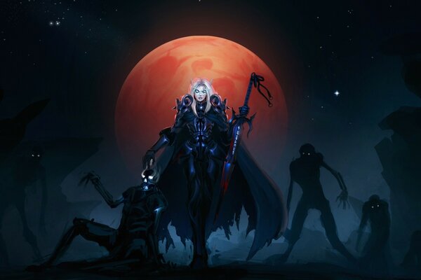 Персонаж в плаще на фоне красной луны
